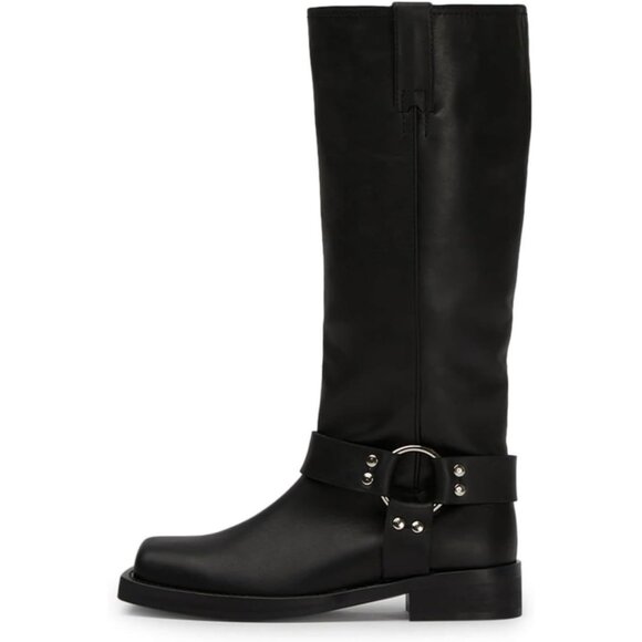 Caradise Women Black Knee High Square Toe Pull On Flat Motorcycle Comfort Boots - Picture 1 of 7